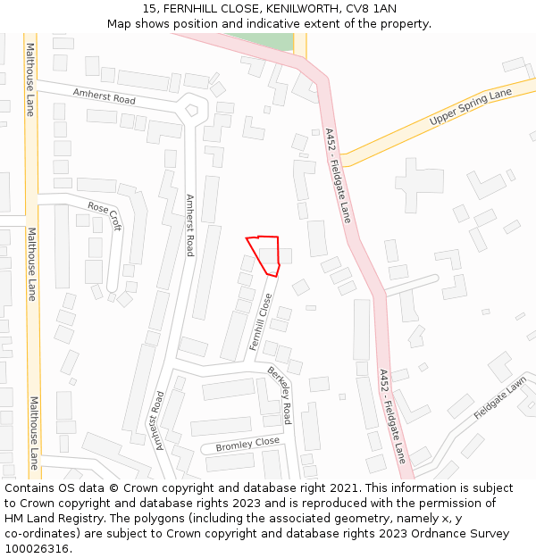 15, FERNHILL CLOSE, KENILWORTH, CV8 1AN: Location map and indicative extent of plot