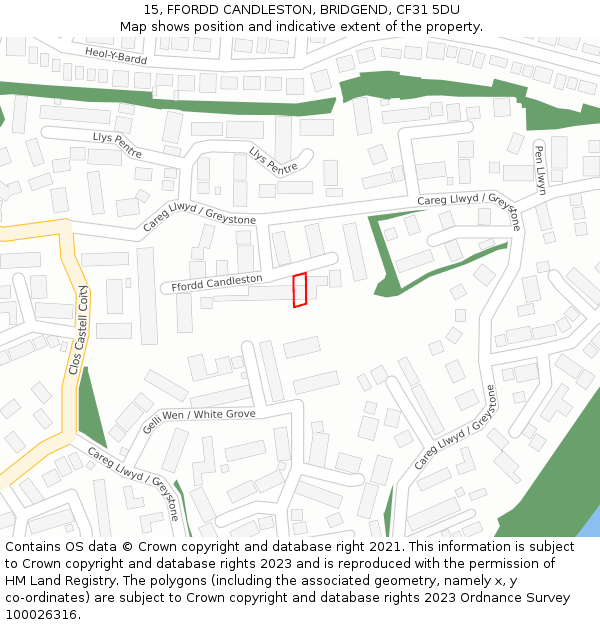15, FFORDD CANDLESTON, BRIDGEND, CF31 5DU: Location map and indicative extent of plot
