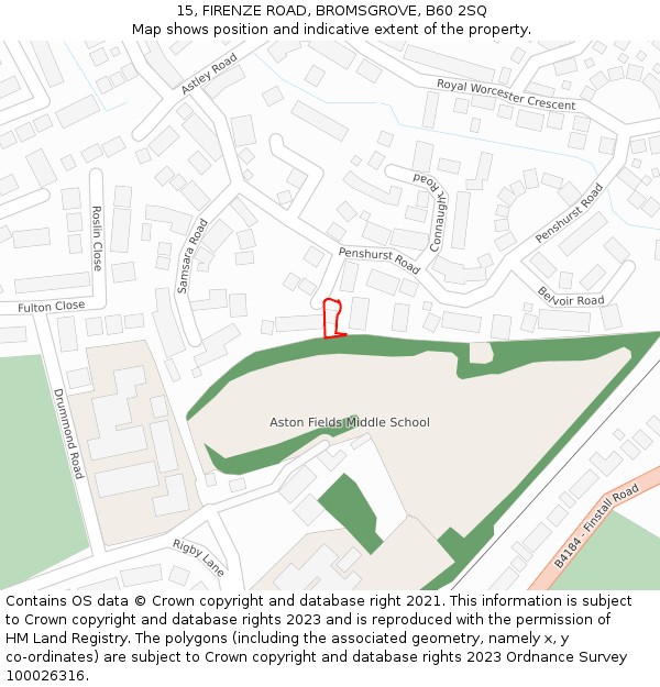 15, FIRENZE ROAD, BROMSGROVE, B60 2SQ: Location map and indicative extent of plot