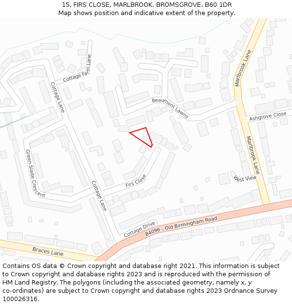 15, FIRS CLOSE, MARLBROOK, BROMSGROVE, B60 1DR: Location map and indicative extent of plot