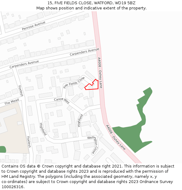 15, FIVE FIELDS CLOSE, WATFORD, WD19 5BZ: Location map and indicative extent of plot