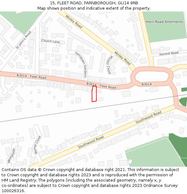 15, FLEET ROAD, FARNBOROUGH, GU14 9RB: Location map and indicative extent of plot