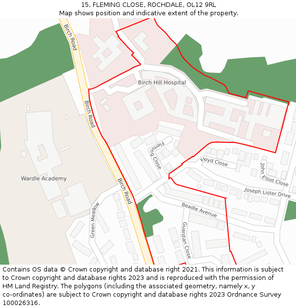 15, FLEMING CLOSE, ROCHDALE, OL12 9RL: Location map and indicative extent of plot