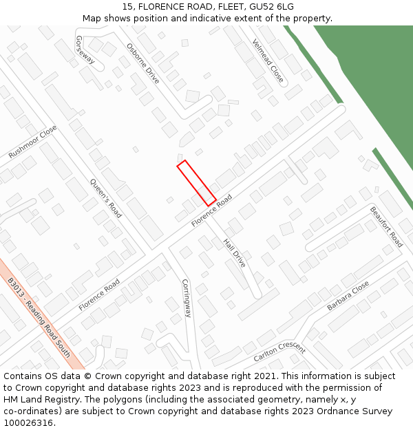 15, FLORENCE ROAD, FLEET, GU52 6LG: Location map and indicative extent of plot