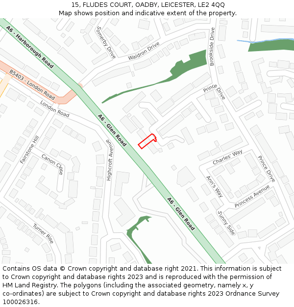 15, FLUDES COURT, OADBY, LEICESTER, LE2 4QQ: Location map and indicative extent of plot