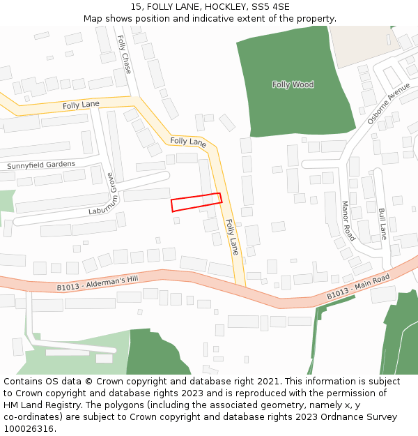 15, FOLLY LANE, HOCKLEY, SS5 4SE: Location map and indicative extent of plot