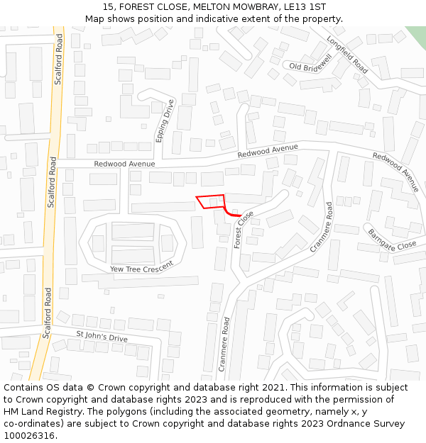 15, FOREST CLOSE, MELTON MOWBRAY, LE13 1ST: Location map and indicative extent of plot