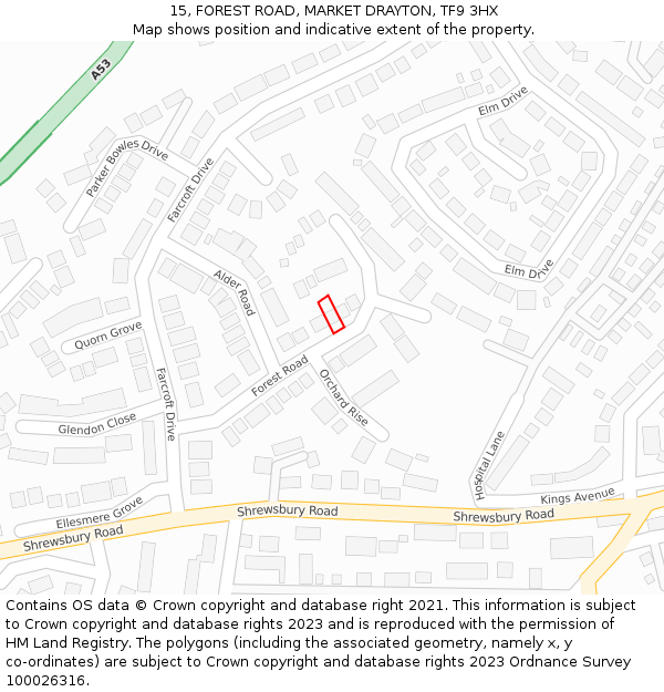 15, FOREST ROAD, MARKET DRAYTON, TF9 3HX: Location map and indicative extent of plot