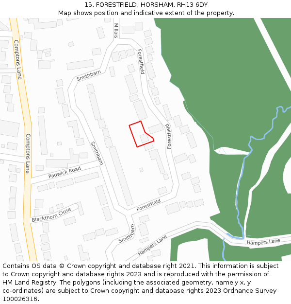15, FORESTFIELD, HORSHAM, RH13 6DY: Location map and indicative extent of plot