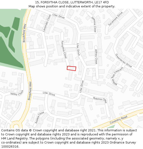 15, FORSYTHIA CLOSE, LUTTERWORTH, LE17 4FD: Location map and indicative extent of plot