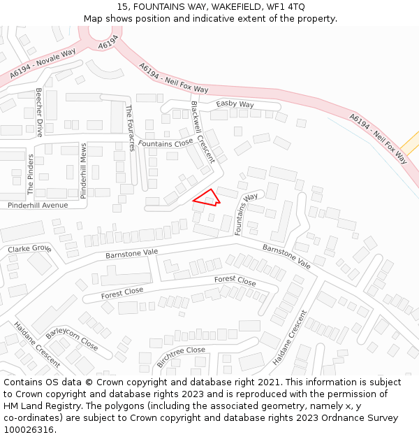 15, FOUNTAINS WAY, WAKEFIELD, WF1 4TQ: Location map and indicative extent of plot