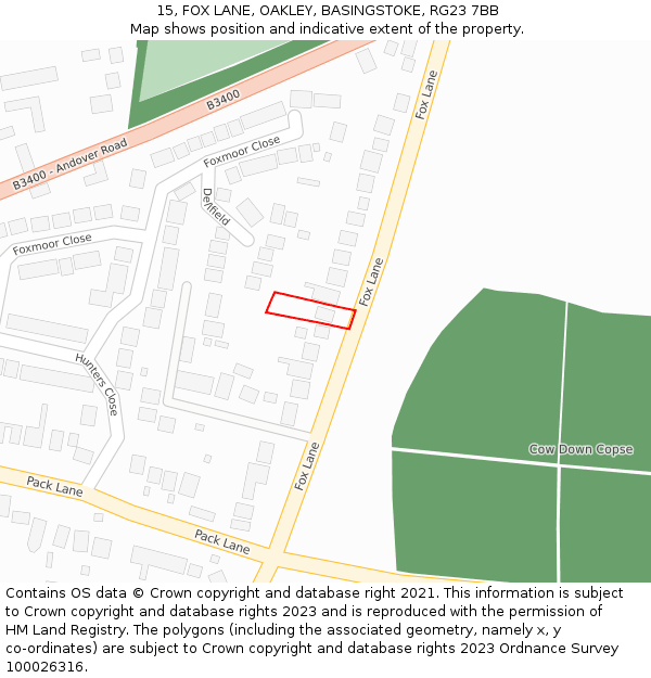 15, FOX LANE, OAKLEY, BASINGSTOKE, RG23 7BB: Location map and indicative extent of plot