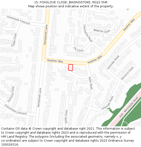 15, FOXGLOVE CLOSE, BASINGSTOKE, RG22 5NR: Location map and indicative extent of plot