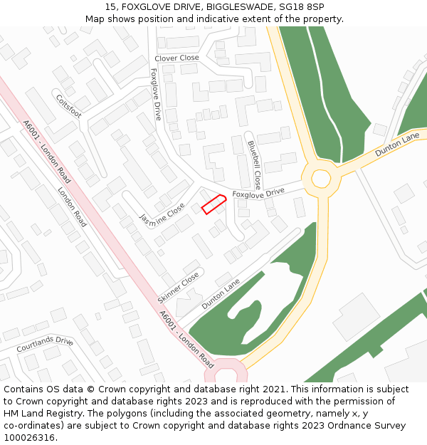 15, FOXGLOVE DRIVE, BIGGLESWADE, SG18 8SP: Location map and indicative extent of plot