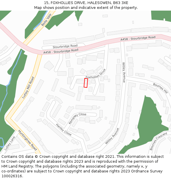 15, FOXHOLLIES DRIVE, HALESOWEN, B63 3XE: Location map and indicative extent of plot