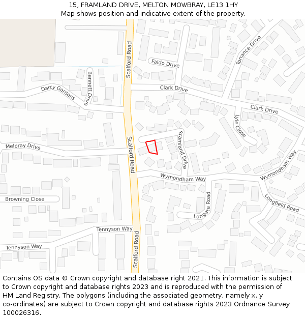 15, FRAMLAND DRIVE, MELTON MOWBRAY, LE13 1HY: Location map and indicative extent of plot