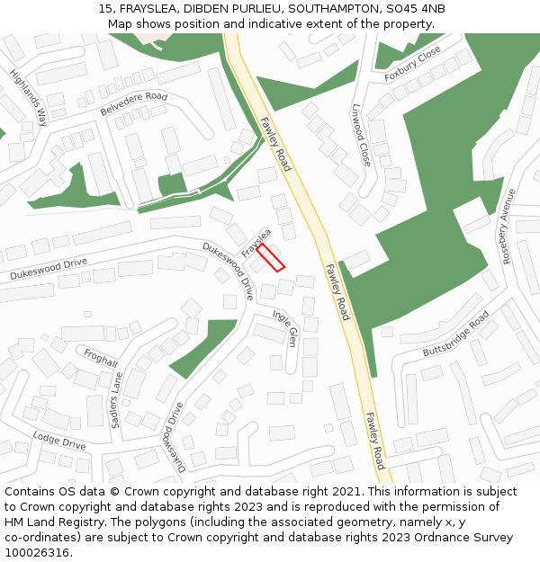 15, FRAYSLEA, DIBDEN PURLIEU, SOUTHAMPTON, SO45 4NB: Location map and indicative extent of plot