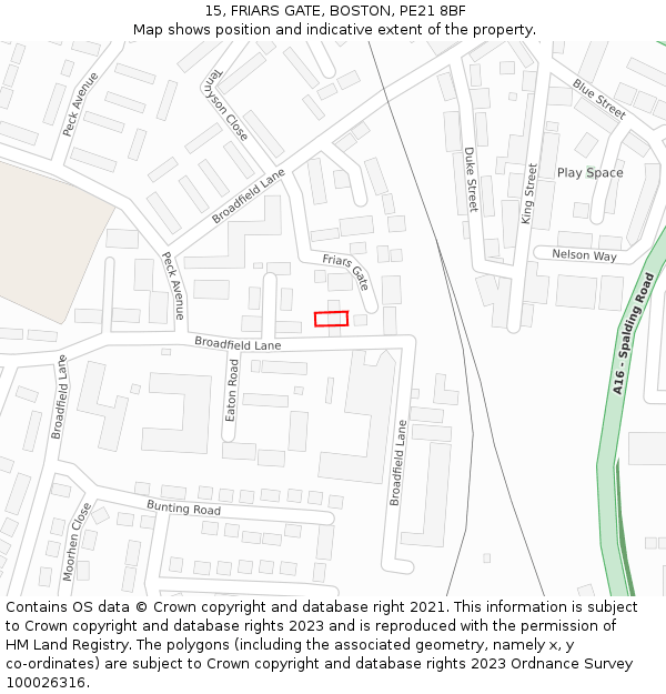 15, FRIARS GATE, BOSTON, PE21 8BF: Location map and indicative extent of plot