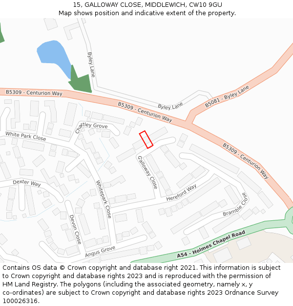 15, GALLOWAY CLOSE, MIDDLEWICH, CW10 9GU: Location map and indicative extent of plot