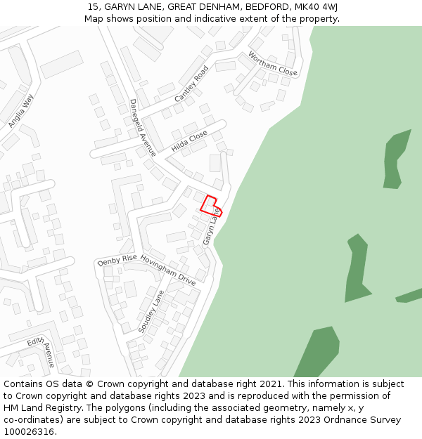 15, GARYN LANE, GREAT DENHAM, BEDFORD, MK40 4WJ: Location map and indicative extent of plot