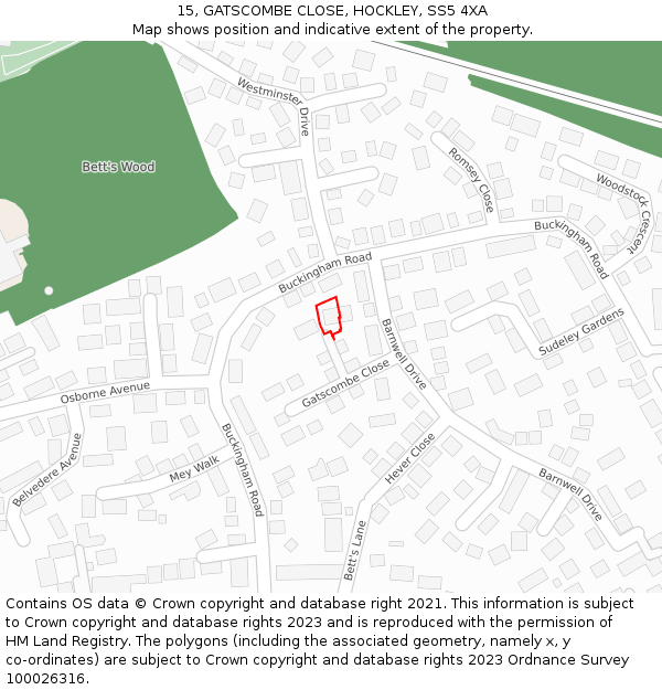 15, GATSCOMBE CLOSE, HOCKLEY, SS5 4XA: Location map and indicative extent of plot