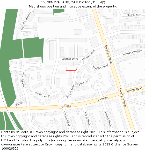 15, GENEVA LANE, DARLINGTON, DL1 4JQ: Location map and indicative extent of plot