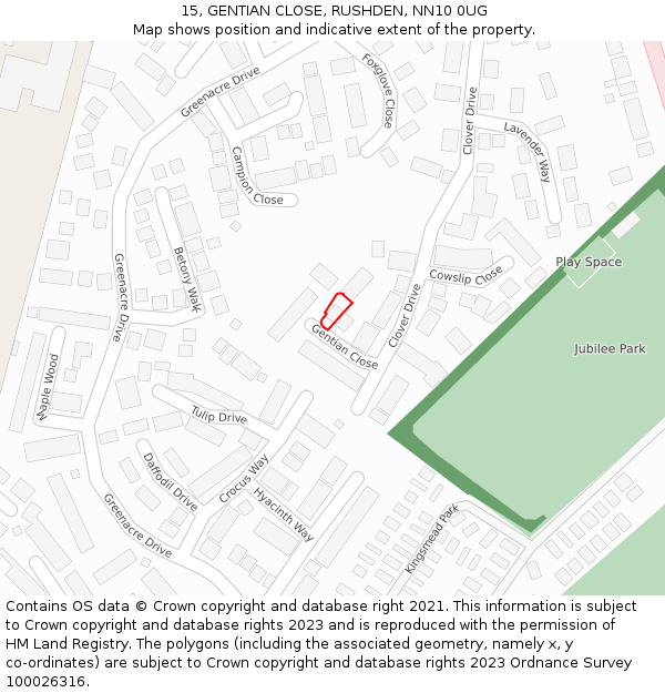 15, GENTIAN CLOSE, RUSHDEN, NN10 0UG: Location map and indicative extent of plot