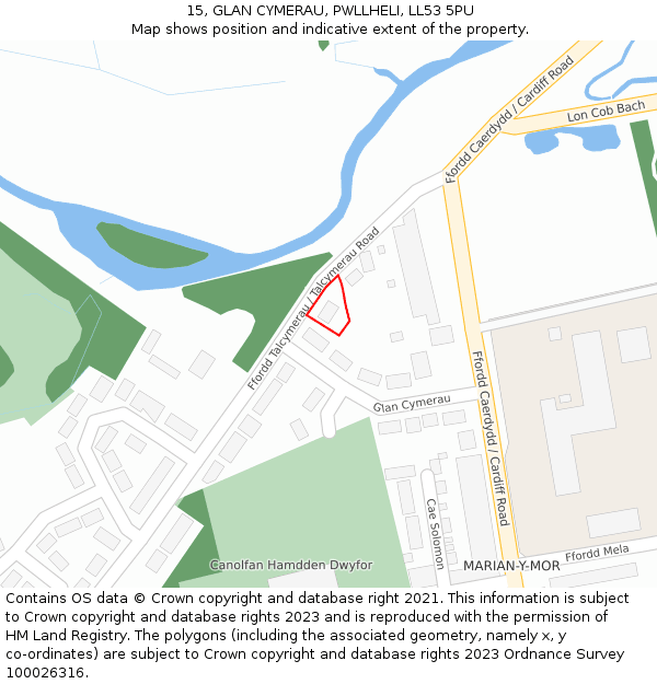 15, GLAN CYMERAU, PWLLHELI, LL53 5PU: Location map and indicative extent of plot