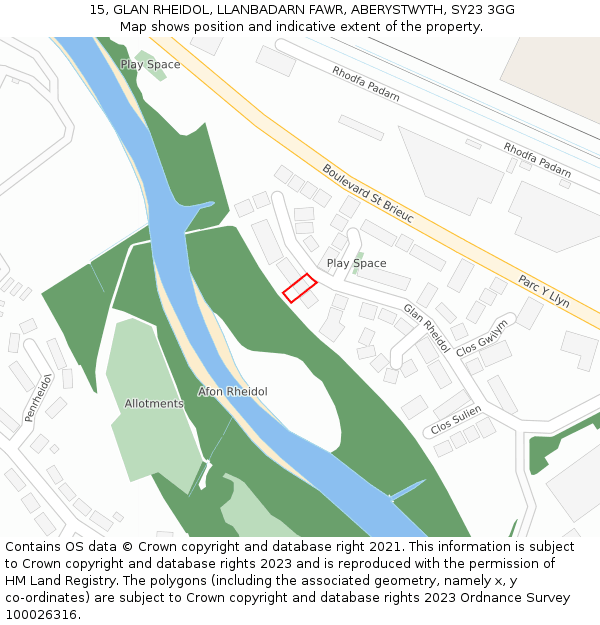 15, GLAN RHEIDOL, LLANBADARN FAWR, ABERYSTWYTH, SY23 3GG: Location map and indicative extent of plot