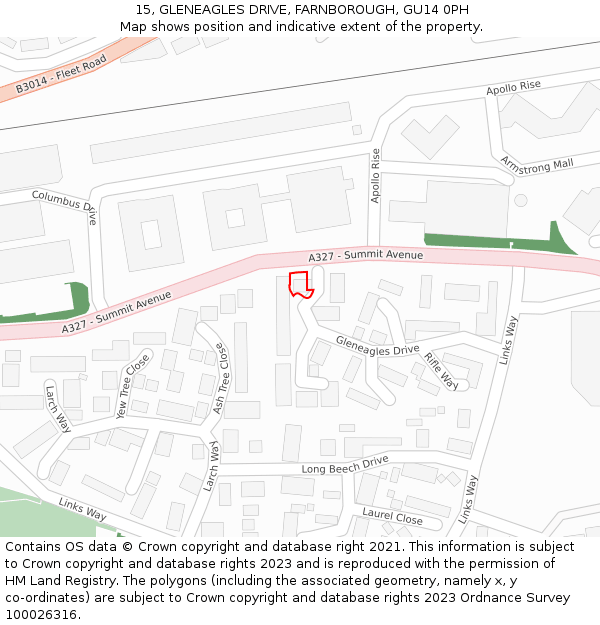 15, GLENEAGLES DRIVE, FARNBOROUGH, GU14 0PH: Location map and indicative extent of plot