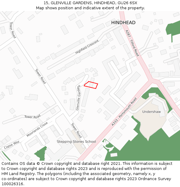 15, GLENVILLE GARDENS, HINDHEAD, GU26 6SX: Location map and indicative extent of plot