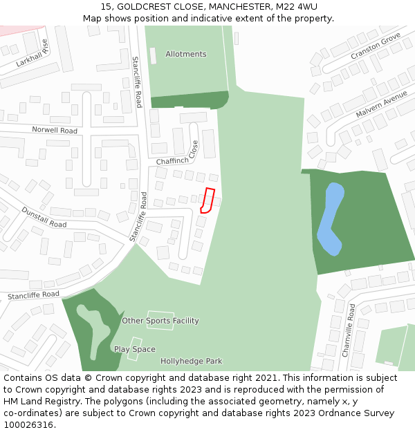 15, GOLDCREST CLOSE, MANCHESTER, M22 4WU: Location map and indicative extent of plot