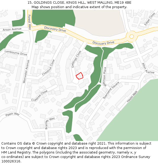 15, GOLDINGS CLOSE, KINGS HILL, WEST MALLING, ME19 4BE: Location map and indicative extent of plot