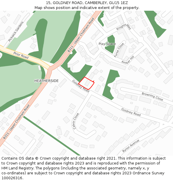 15, GOLDNEY ROAD, CAMBERLEY, GU15 1EZ: Location map and indicative extent of plot