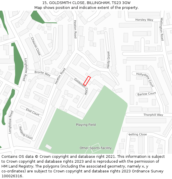 15, GOLDSMITH CLOSE, BILLINGHAM, TS23 3GW: Location map and indicative extent of plot