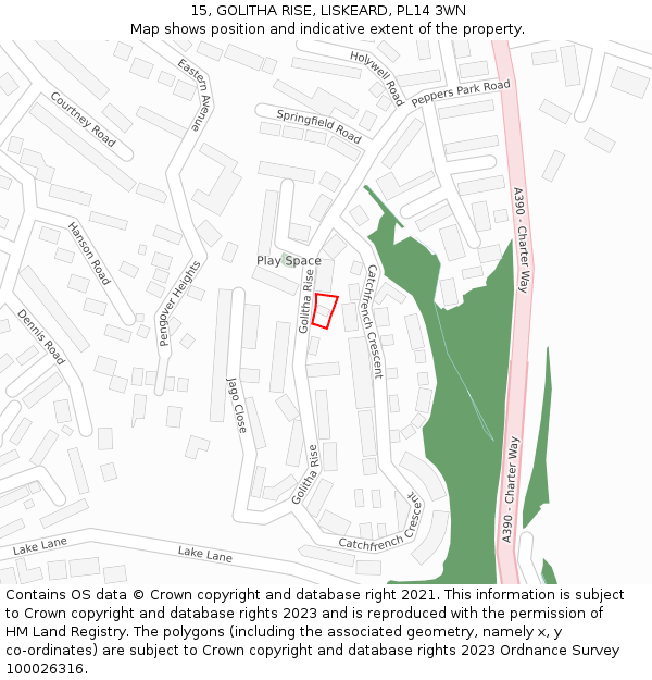 15, GOLITHA RISE, LISKEARD, PL14 3WN: Location map and indicative extent of plot