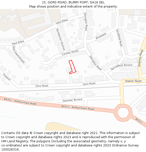 15, GORS ROAD, BURRY PORT, SA16 0EL: Location map and indicative extent of plot