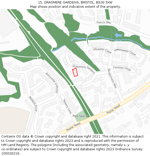 15, GRASMERE GARDENS, BRISTOL, BS30 5XW: Location map and indicative extent of plot