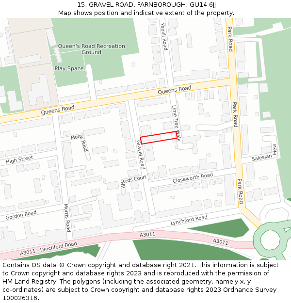 15, GRAVEL ROAD, FARNBOROUGH, GU14 6JJ: Location map and indicative extent of plot