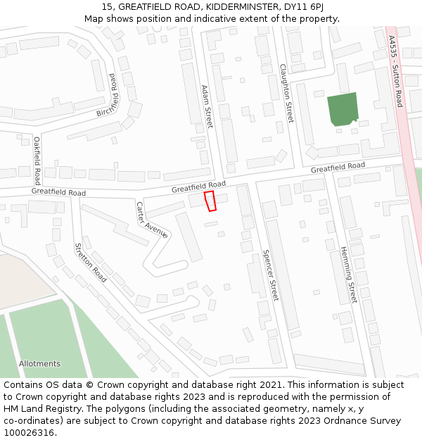 15, GREATFIELD ROAD, KIDDERMINSTER, DY11 6PJ: Location map and indicative extent of plot