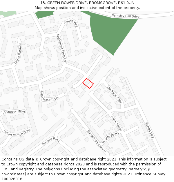 15, GREEN BOWER DRIVE, BROMSGROVE, B61 0UN: Location map and indicative extent of plot