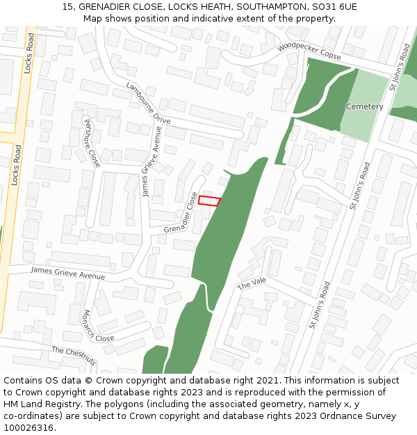 15, GRENADIER CLOSE, LOCKS HEATH, SOUTHAMPTON, SO31 6UE: Location map and indicative extent of plot