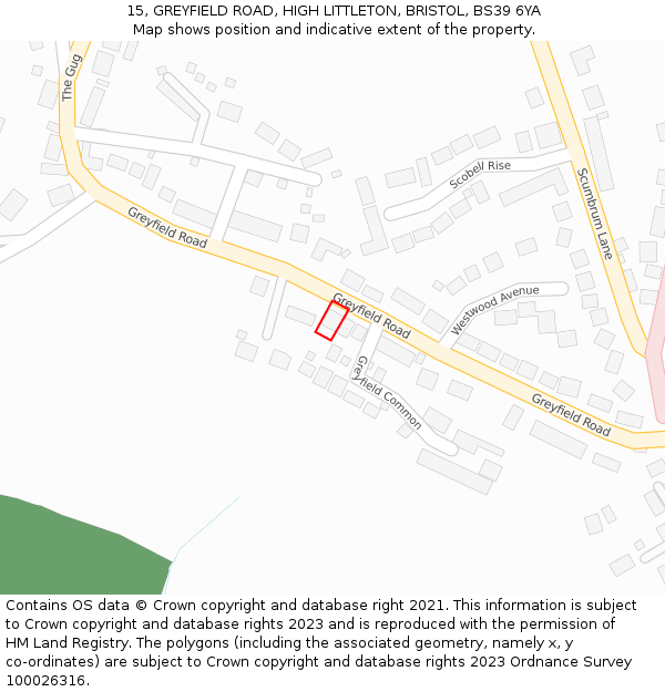 15, GREYFIELD ROAD, HIGH LITTLETON, BRISTOL, BS39 6YA: Location map and indicative extent of plot