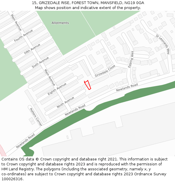 15, GRIZEDALE RISE, FOREST TOWN, MANSFIELD, NG19 0GA: Location map and indicative extent of plot