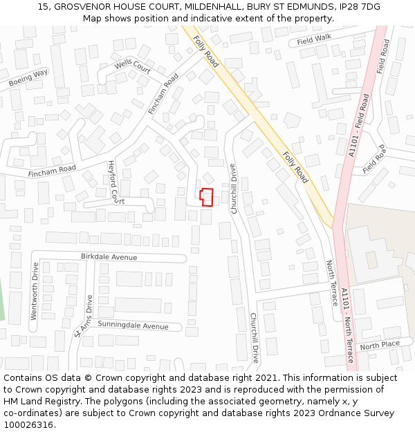 15, GROSVENOR HOUSE COURT, MILDENHALL, BURY ST EDMUNDS, IP28 7DG: Location map and indicative extent of plot