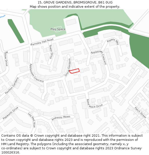 15, GROVE GARDENS, BROMSGROVE, B61 0UG: Location map and indicative extent of plot