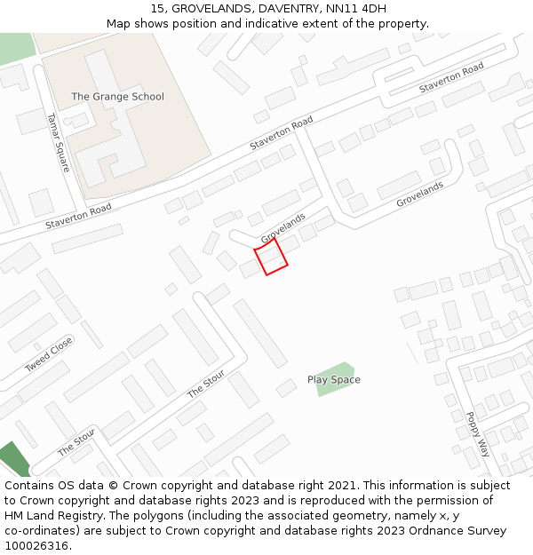 15, GROVELANDS, DAVENTRY, NN11 4DH: Location map and indicative extent of plot