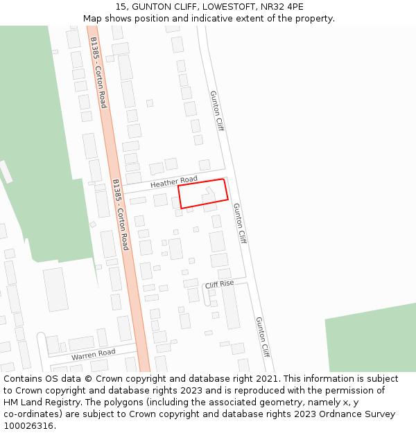 15, GUNTON CLIFF, LOWESTOFT, NR32 4PE: Location map and indicative extent of plot
