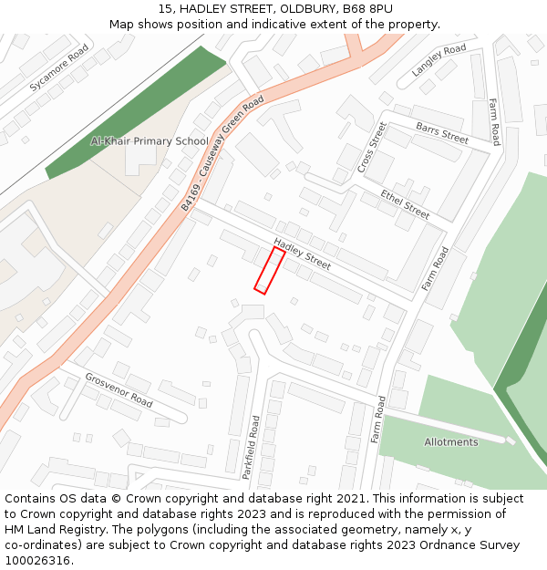 15, HADLEY STREET, OLDBURY, B68 8PU: Location map and indicative extent of plot