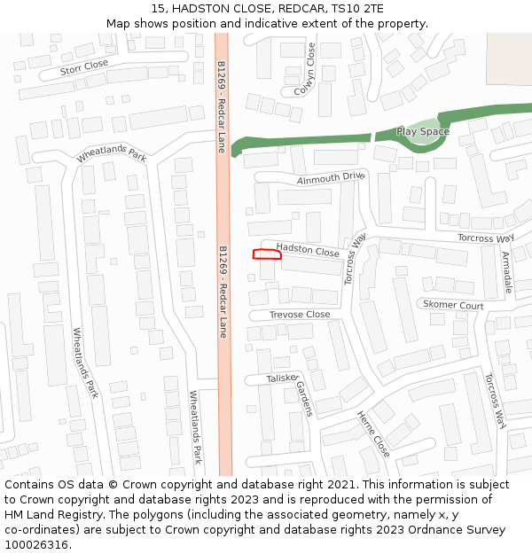 15, HADSTON CLOSE, REDCAR, TS10 2TE: Location map and indicative extent of plot